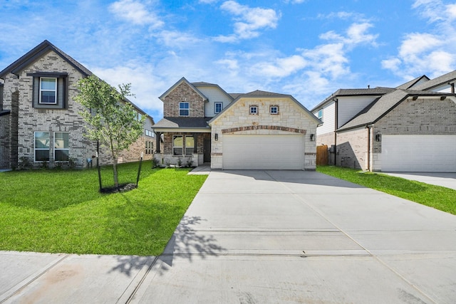 view of front of home with an attached garage, stone siding, a front yard, and concrete driveway