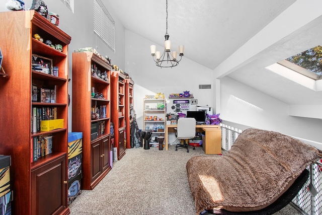 carpeted office with lofted ceiling and a notable chandelier