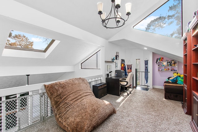 office with carpet flooring, a chandelier, lofted ceiling with skylight, and a healthy amount of sunlight