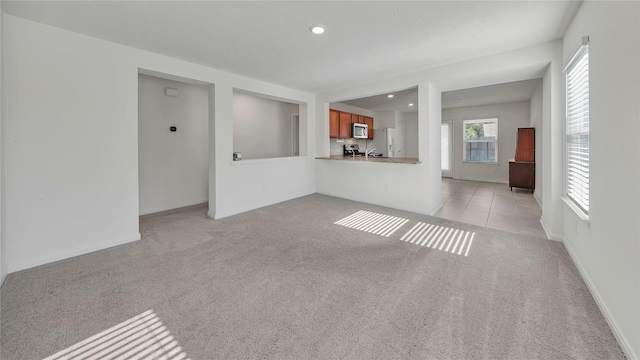 unfurnished living room featuring light colored carpet