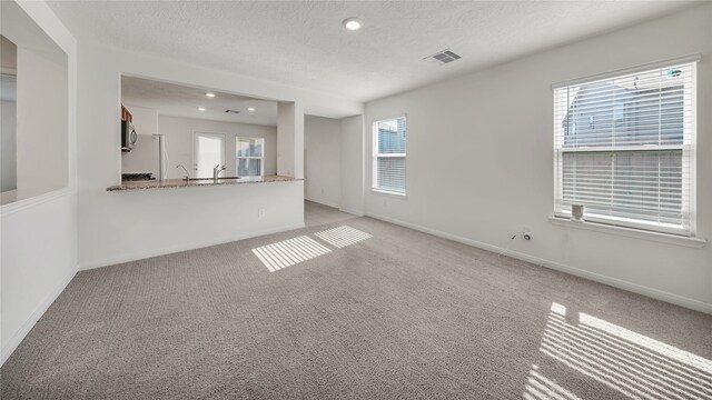 unfurnished living room featuring light carpet and a textured ceiling