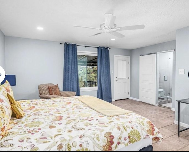 bedroom with ceiling fan, a closet, and light tile patterned flooring