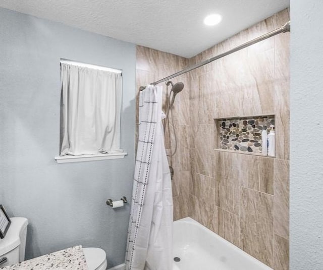 bathroom with shower / tub combo with curtain, a textured ceiling, and toilet