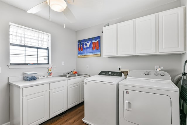 washroom with ceiling fan, sink, cabinets, dark wood-type flooring, and independent washer and dryer