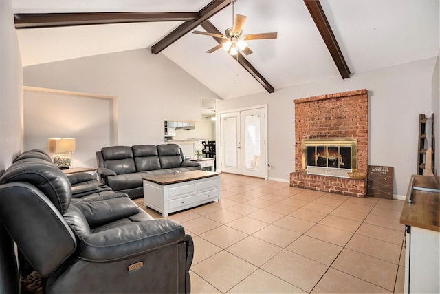 tiled living room featuring beamed ceiling, ceiling fan, a fireplace, and high vaulted ceiling