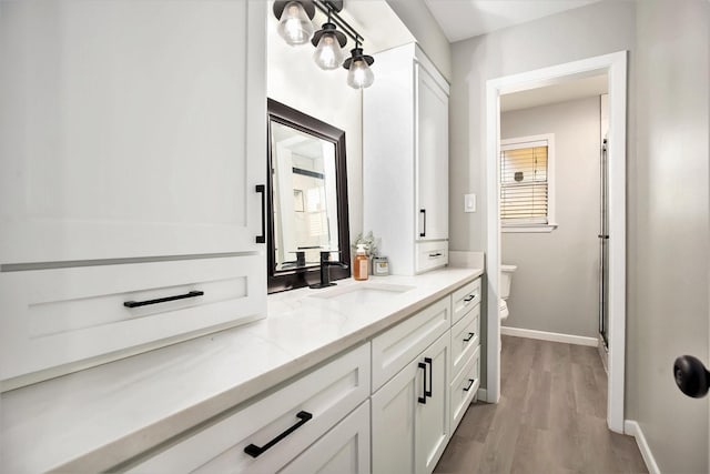 bathroom with hardwood / wood-style floors, vanity, and toilet