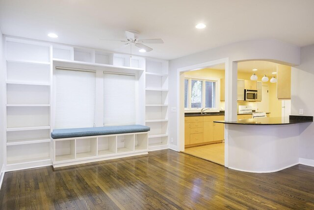 interior space featuring ceiling fan and dark hardwood / wood-style flooring