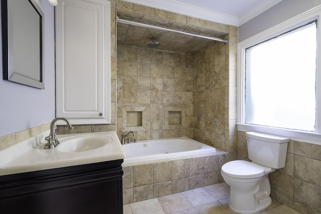 full bathroom with vanity, tile patterned floors, toilet, ornamental molding, and tile walls