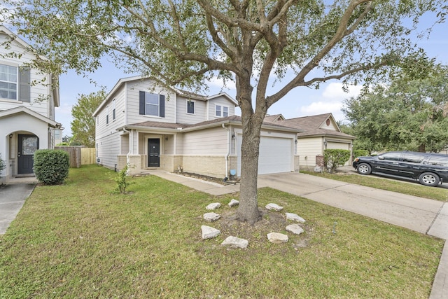 view of front facade featuring a front lawn and a garage