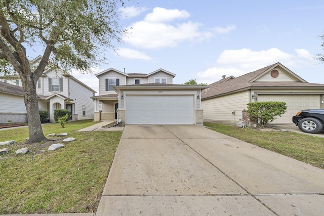 front facade with a front yard and a garage