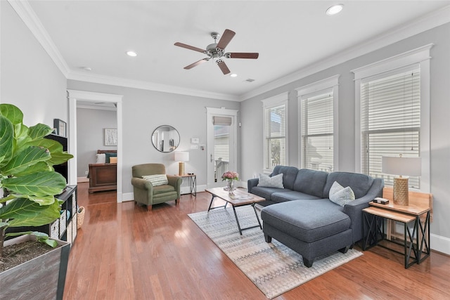 living room featuring crown molding, hardwood / wood-style floors, and ceiling fan