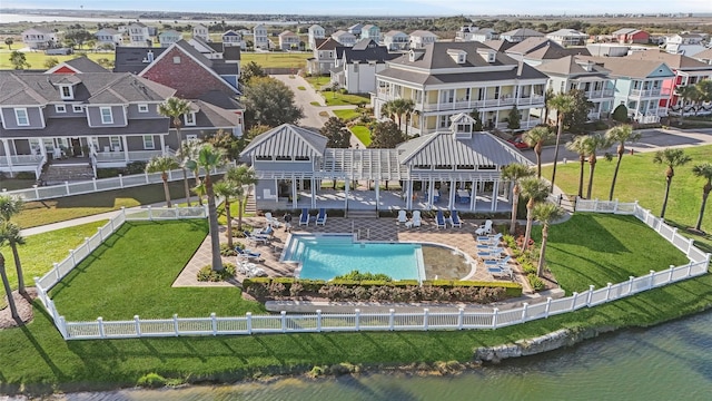 bird's eye view with a water view