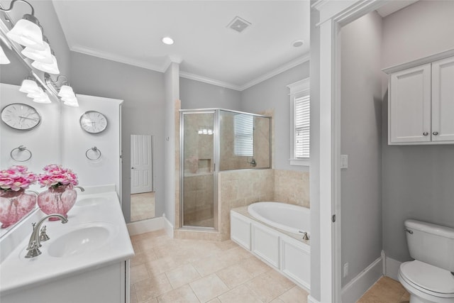 full bathroom featuring plus walk in shower, tile patterned flooring, toilet, and ornamental molding