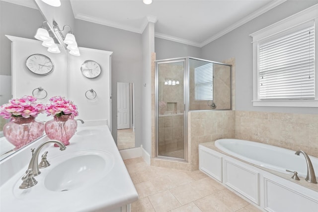 bathroom featuring tile patterned floors, vanity, ornamental molding, and plus walk in shower