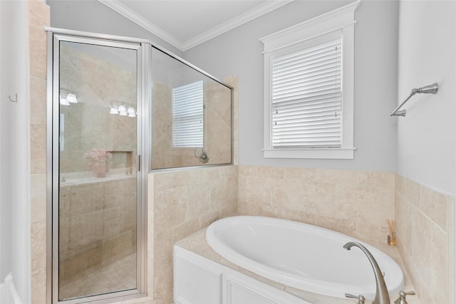 bathroom featuring separate shower and tub and ornamental molding