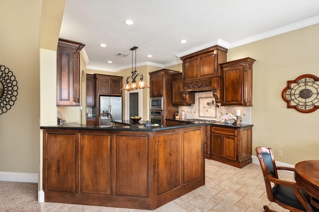 kitchen with backsplash, stainless steel appliances, crown molding, pendant lighting, and an inviting chandelier