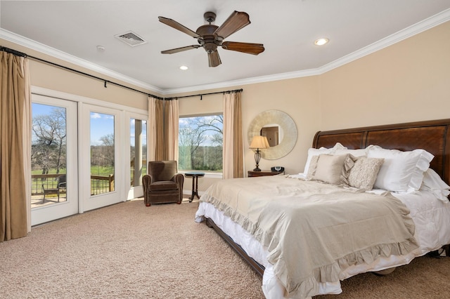 carpeted bedroom featuring ceiling fan, access to exterior, and crown molding