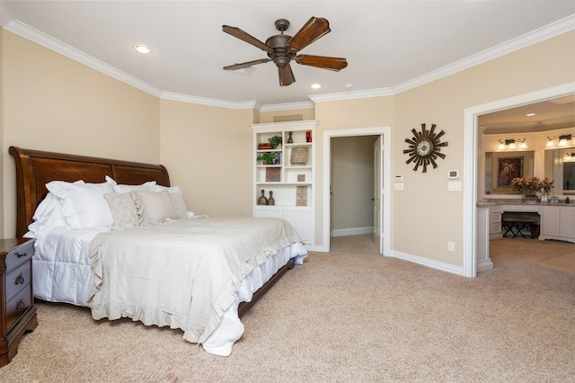 carpeted bedroom featuring ceiling fan and ornamental molding