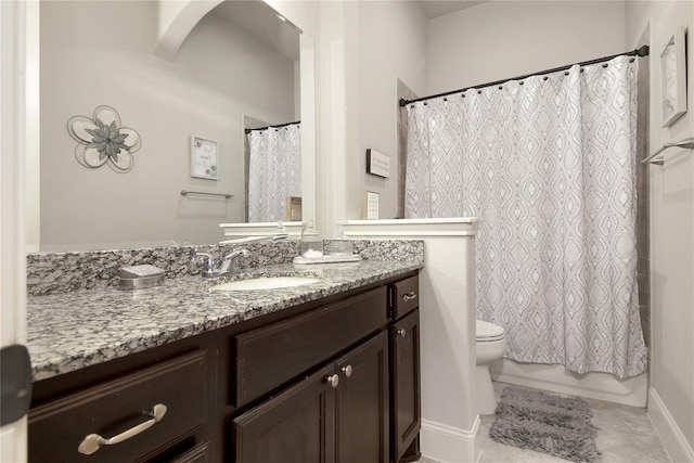 full bathroom with tile patterned floors, vanity, toilet, and shower / tub combo with curtain