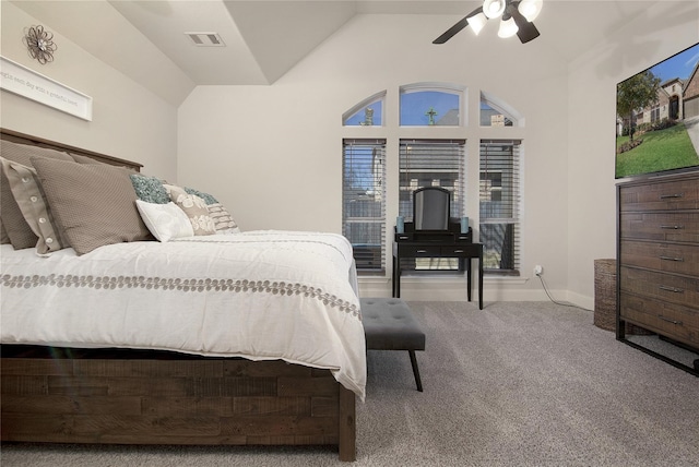 bedroom with carpet flooring, high vaulted ceiling, and ceiling fan