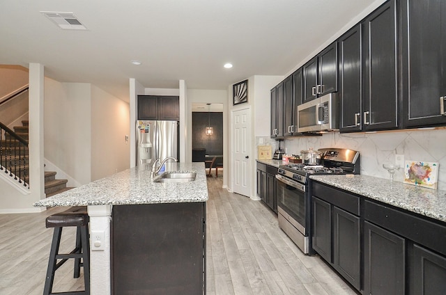 kitchen with sink, light hardwood / wood-style flooring, appliances with stainless steel finishes, tasteful backsplash, and an island with sink