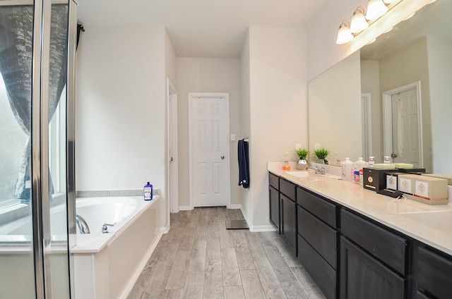 bathroom with wood-type flooring, vanity, and a washtub