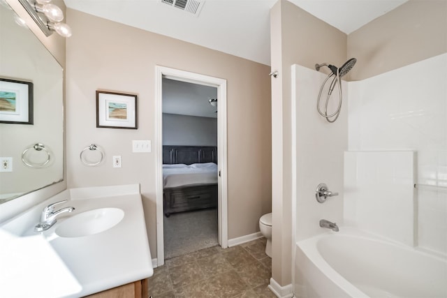 full bathroom featuring shower / tub combination, tile patterned flooring, vanity, and toilet