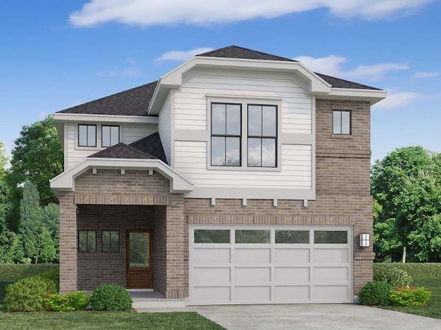 view of front facade featuring brick siding, concrete driveway, and an attached garage