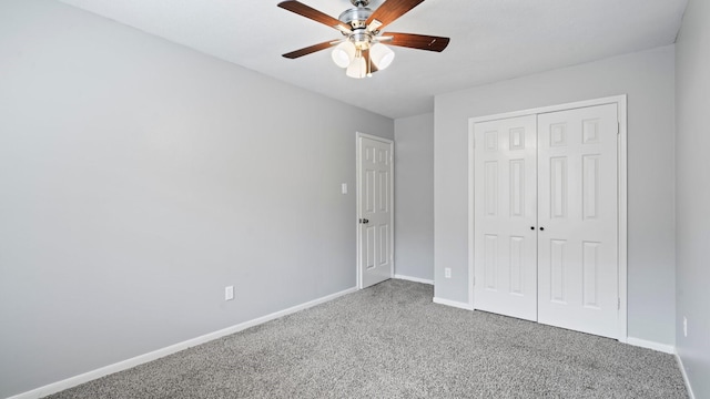 unfurnished bedroom with carpet floors, a closet, and ceiling fan