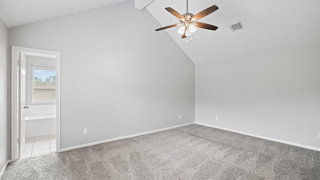 interior space with beamed ceiling, light colored carpet, high vaulted ceiling, and ceiling fan