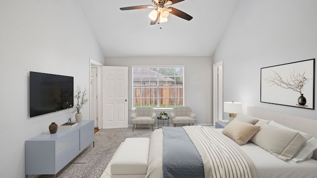 carpeted bedroom with high vaulted ceiling and ceiling fan