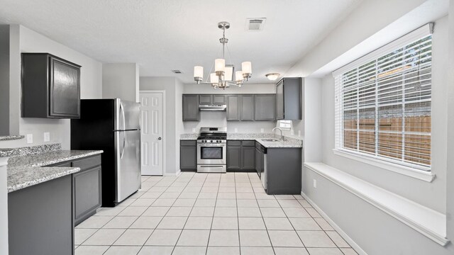 kitchen featuring appliances with stainless steel finishes, sink, pendant lighting, a chandelier, and gray cabinets