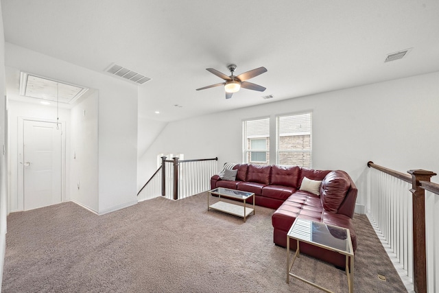 living room with carpet and ceiling fan