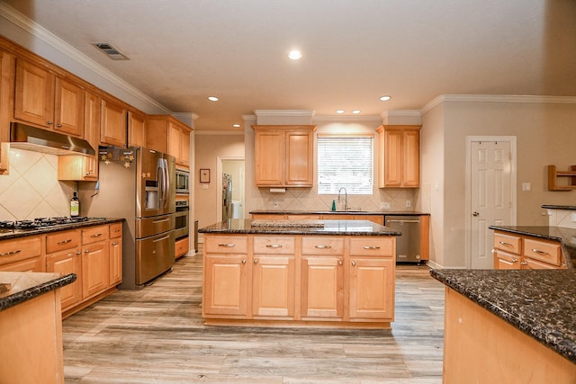 kitchen with dark stone counters, ornamental molding, stainless steel appliances, sink, and light hardwood / wood-style flooring