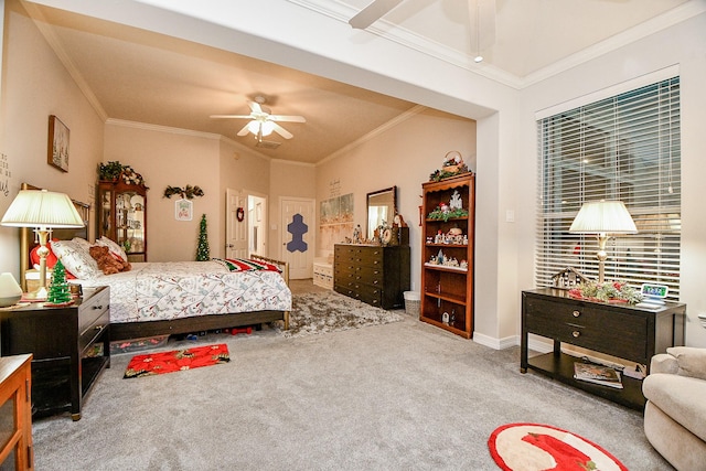 bedroom featuring carpet, ceiling fan, and ornamental molding