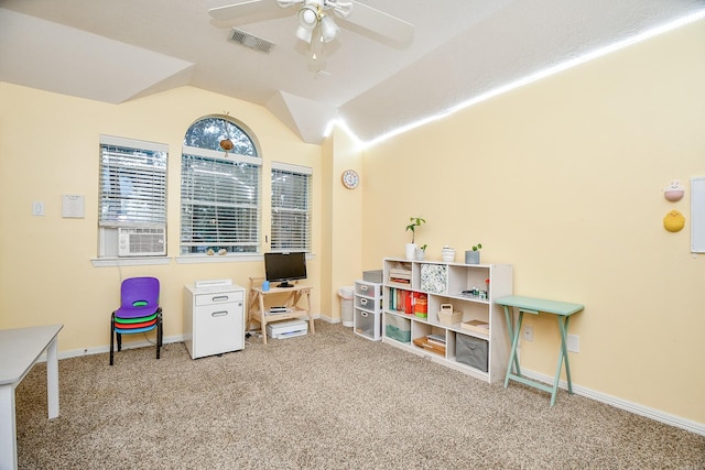 recreation room with carpet flooring, ceiling fan, cooling unit, and vaulted ceiling