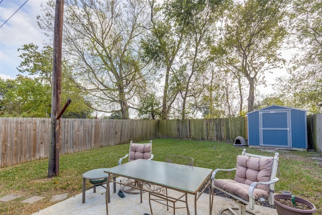 view of patio / terrace with a storage shed