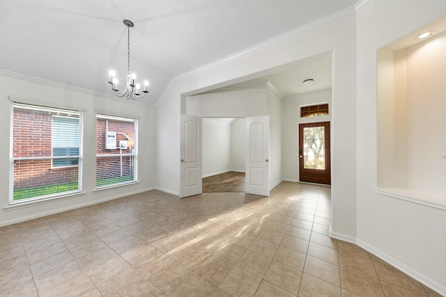 unfurnished dining area with light tile patterned floors, vaulted ceiling, a notable chandelier, and crown molding