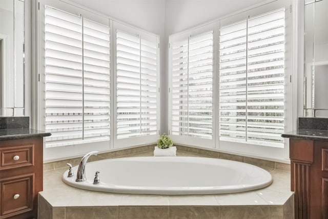 bathroom featuring vanity, tiled tub, and a healthy amount of sunlight