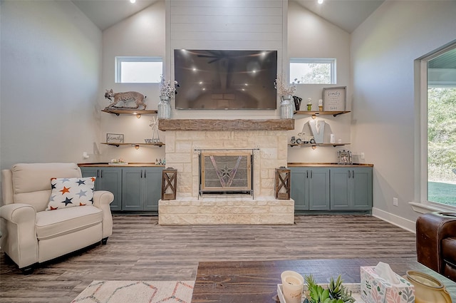 living room with a stone fireplace, a wealth of natural light, high vaulted ceiling, and light hardwood / wood-style floors