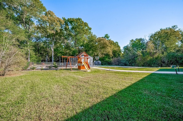 view of play area with a yard