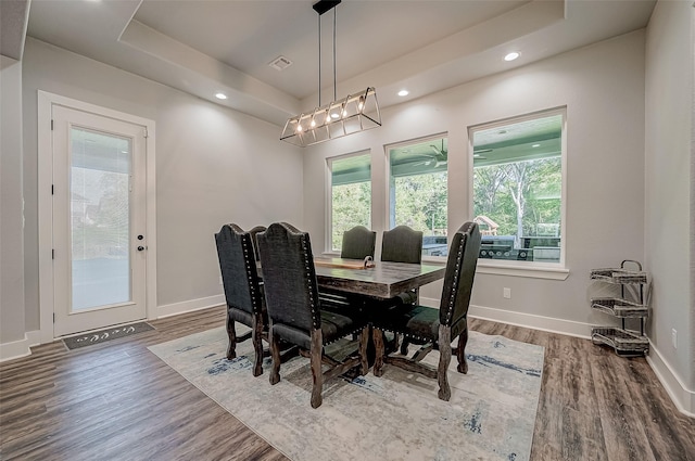 dining area with a raised ceiling and hardwood / wood-style flooring