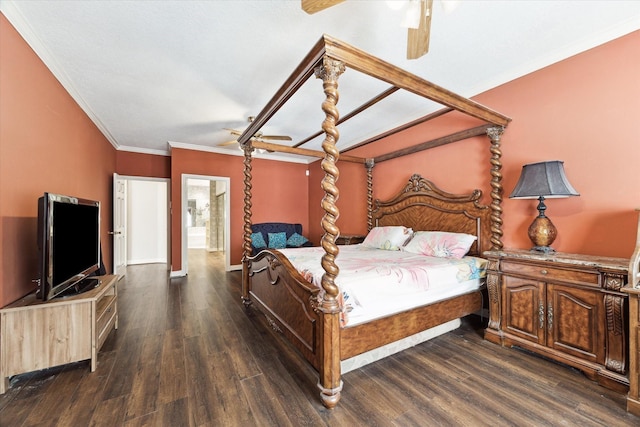 bedroom featuring ornamental molding, ceiling fan, and dark wood-type flooring