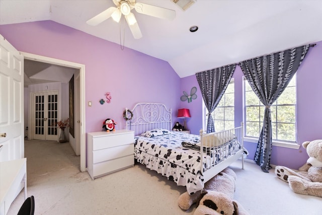 bedroom featuring ceiling fan and vaulted ceiling