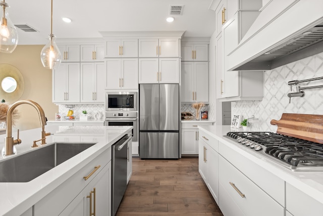 kitchen with premium range hood, sink, built in appliances, decorative backsplash, and white cabinetry