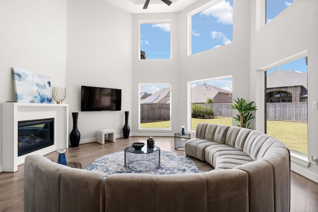 living room with a high ceiling, a wealth of natural light, and hardwood / wood-style floors