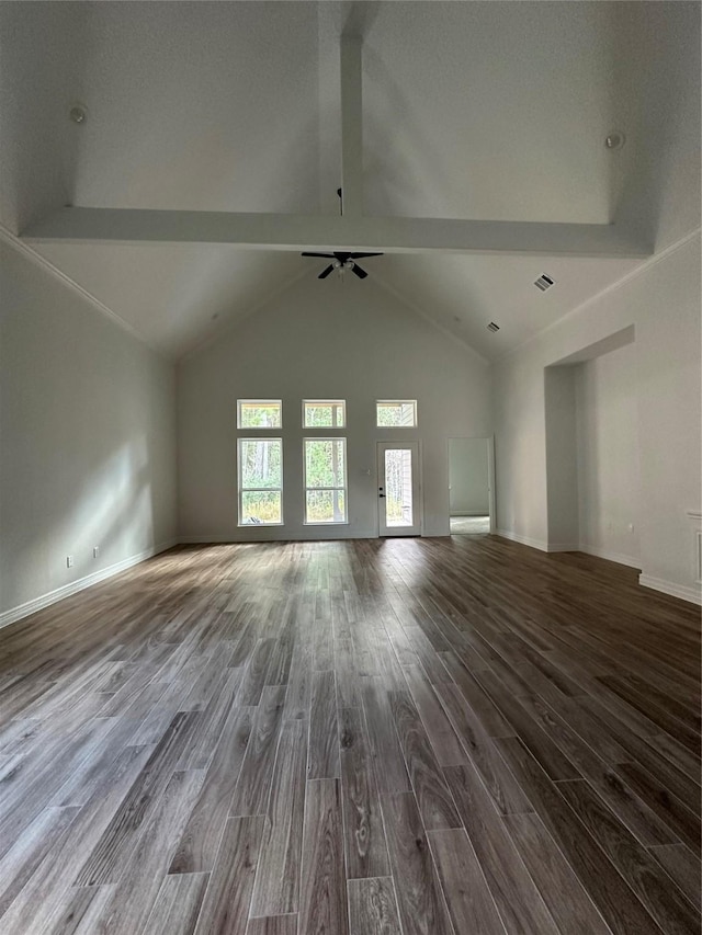 unfurnished living room with vaulted ceiling with beams, ceiling fan, and hardwood / wood-style floors