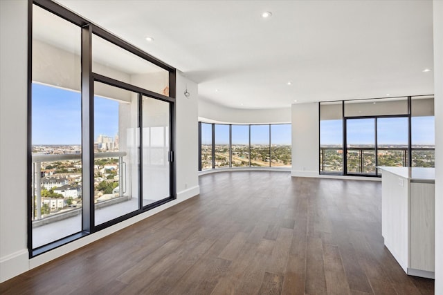 spare room with floor to ceiling windows, a healthy amount of sunlight, and dark wood-type flooring