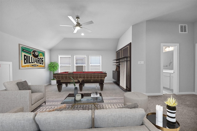 23411 Persimmon Creek Ln, Katy, TX 77493 - playroom with ceiling fan, light carpet, pool table, and vaulted ceiling