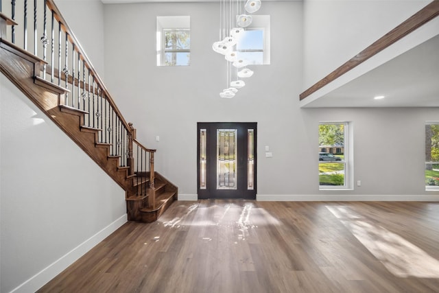 entryway featuring wood-type flooring and a high ceiling